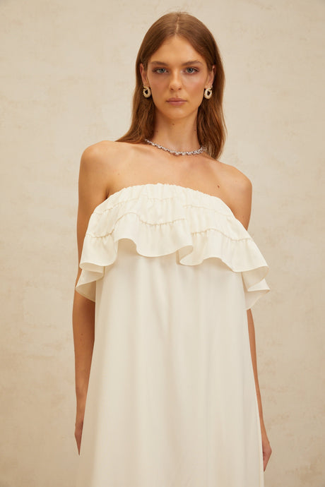 Aurohaya Bénédicte White Vibrant Off Shoulder Shirred Maxi Dress