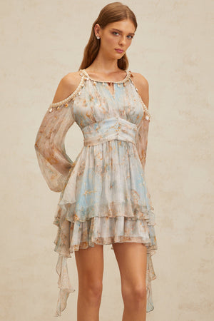 Aurohaya Glannon Blue Floral Print Silk Mini Dress