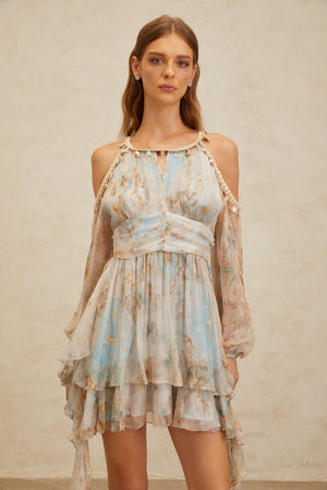 Aurohaya Glannon Blue Floral Print Silk Mini Dress