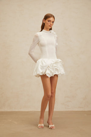 Aurohaya Léonor White 3D Petal Puff Mini Dress