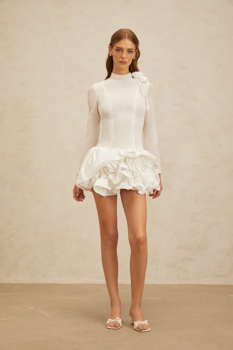 Aurohaya Léonor White 3D Petal Puff Mini Dress