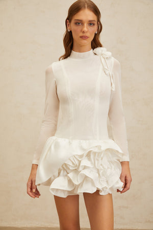 Aurohaya Léonor White 3D Petal Puff Mini Dress