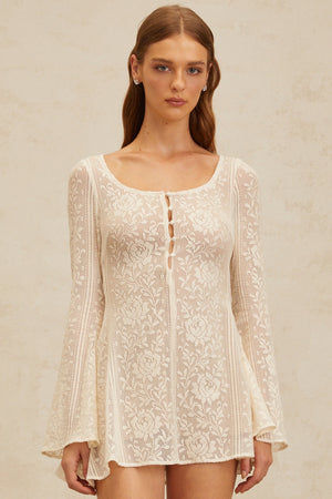 Aurohaya Céline White Flared Crochet Knit Mini Dress