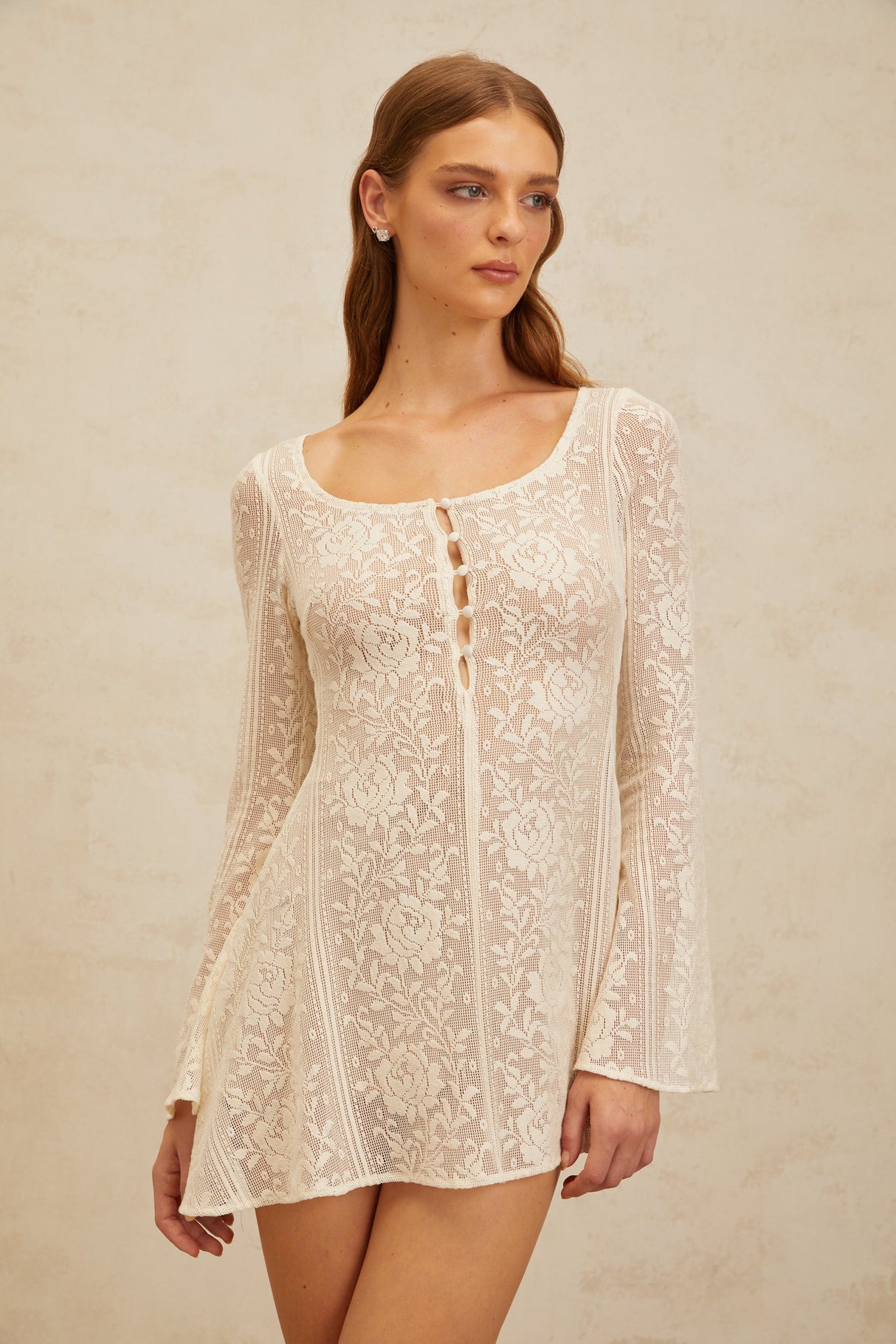 Aurohaya Céline White Flared Crochet Knit Mini Dress