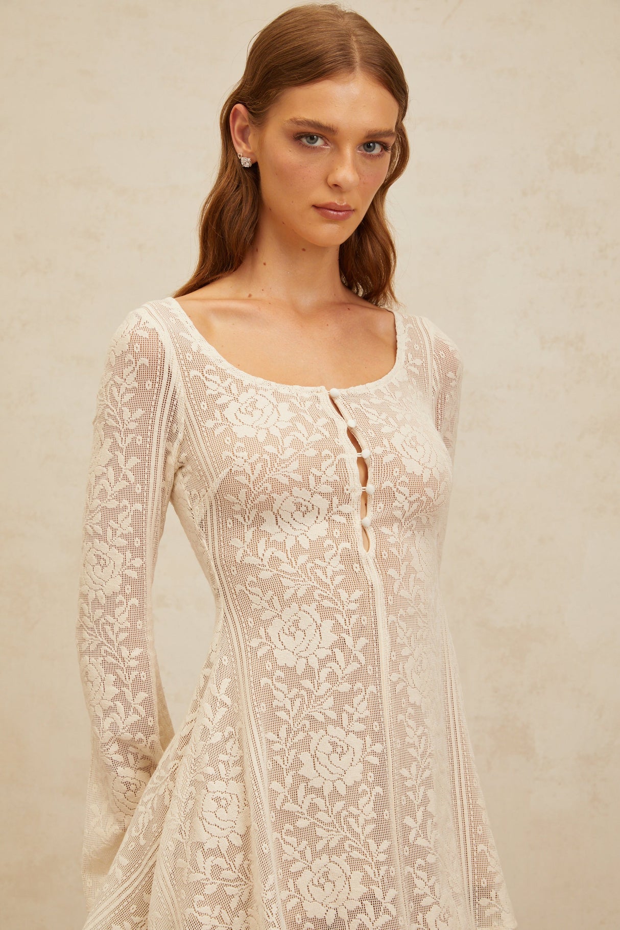 Aurohaya Céline White Flared Crochet Knit Mini Dress