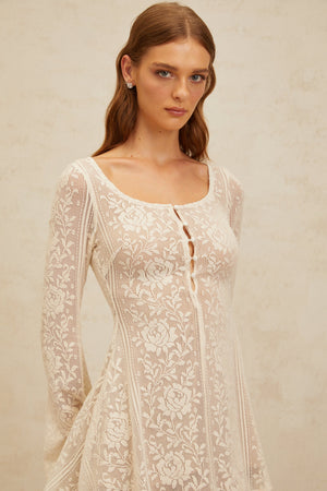 Aurohaya Céline White Flared Crochet Knit Mini Dress