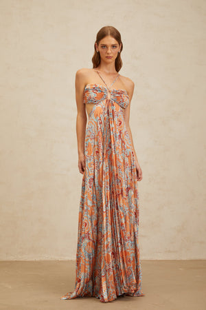 Aurohaya Andréa Orange Floral Print Pleated Maxi Dress with Cutout Detail
