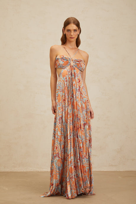Aurohaya Andréa Orange Floral Print Pleated Maxi Dress with Cutout Detail