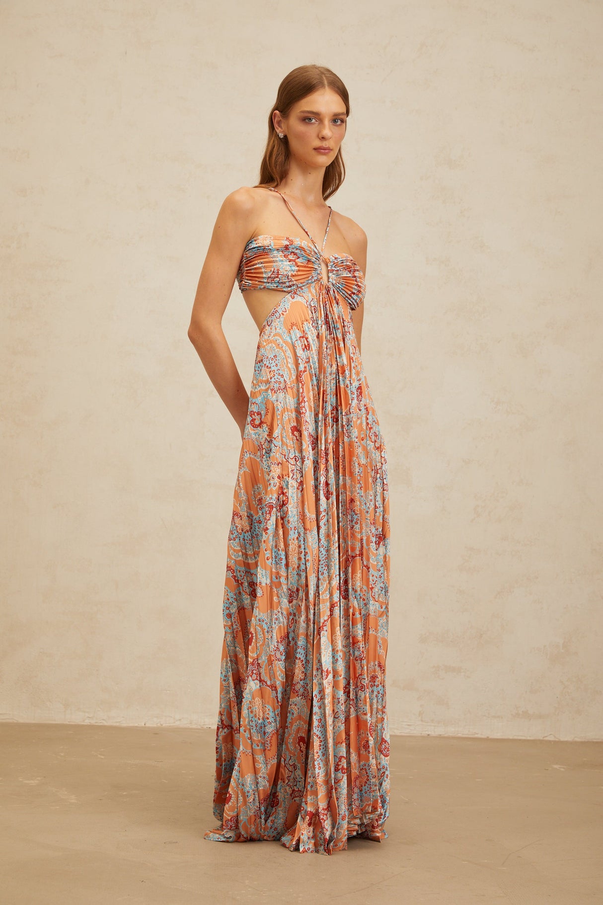 Aurohaya Andréa Orange Floral Print Pleated Maxi Dress with Cutout Detail
