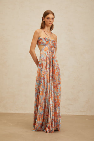 Aurohaya Andréa Orange Floral Print Pleated Maxi Dress with Cutout Detail