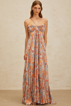 Aurohaya Andréa Orange Floral Print Pleated Maxi Dress with Cutout Detail