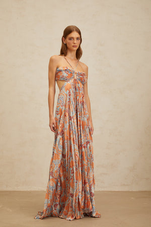 Aurohaya Andréa Orange Floral Print Pleated Maxi Dress with Cutout Detail