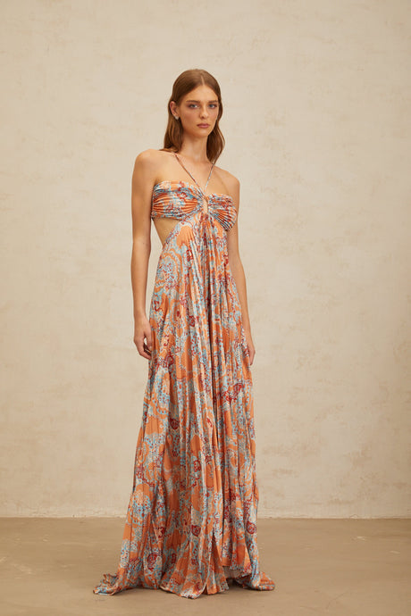 Aurohaya Andréa Orange Floral Print Pleated Maxi Dress with Cutout Detail