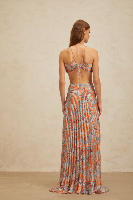 Aurohaya Andréa Orange Floral Print Pleated Maxi Dress with Cutout Detail