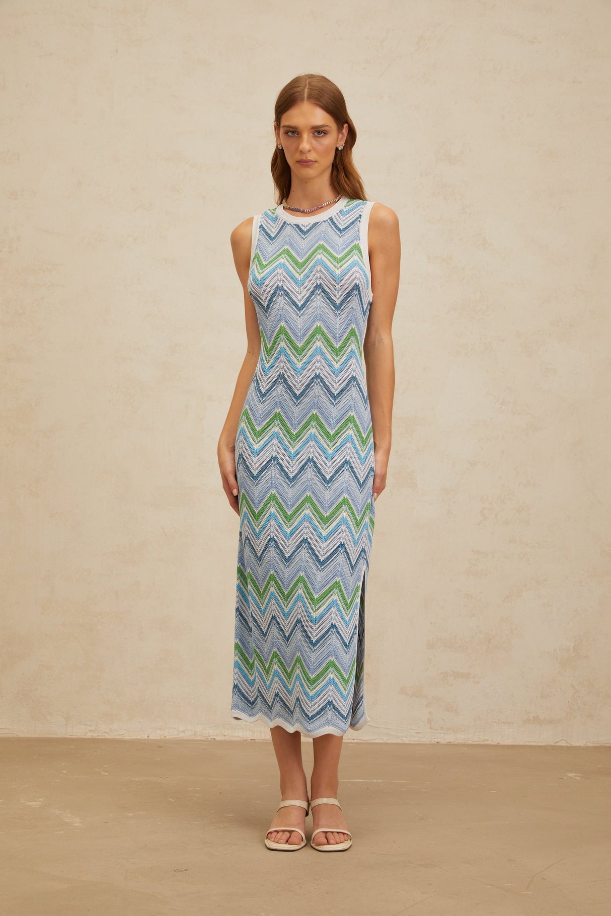 Aurohaya Solène Blue Chevron Knit Midi Dress