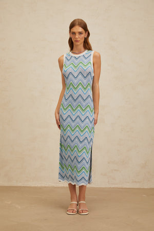 Aurohaya Solène Blue Chevron Knit Midi Dress