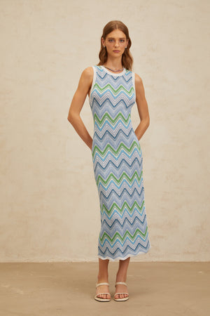 Aurohaya Solène Blue Chevron Knit Midi Dress