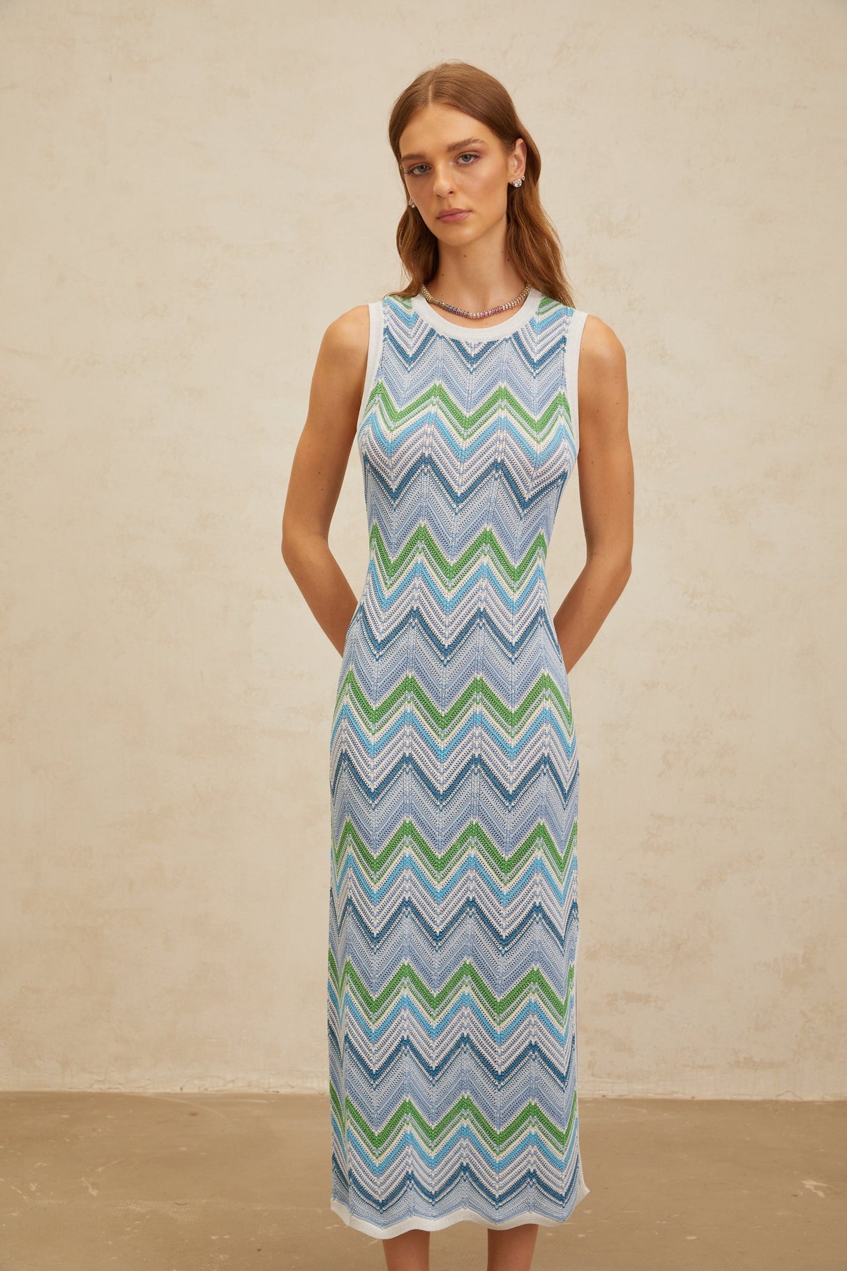 Aurohaya Solène Blue Chevron Knit Midi Dress