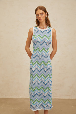Aurohaya Solène Blue Chevron Knit Midi Dress