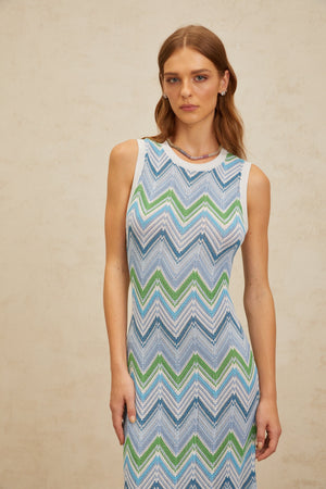 Aurohaya Solène Blue Chevron Knit Midi Dress