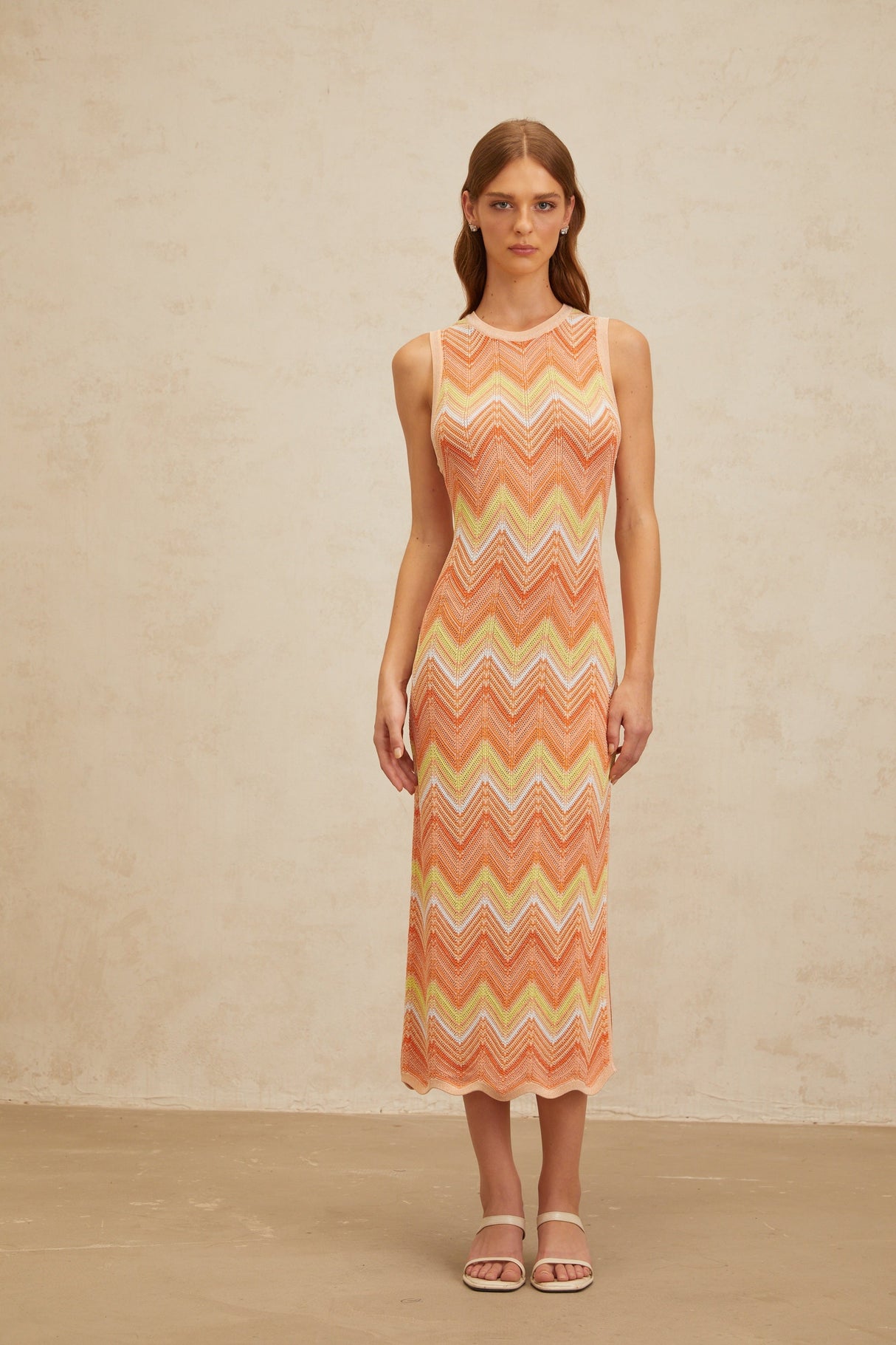 Aurohaya Solène Orange Chevron Knit Midi Dress