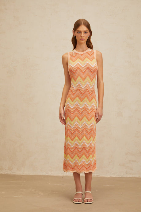 Aurohaya Solène Orange Chevron Knit Midi Dress