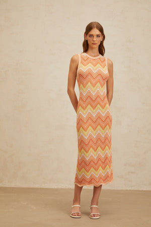 Aurohaya Solène Orange Chevron Knit Midi Dress