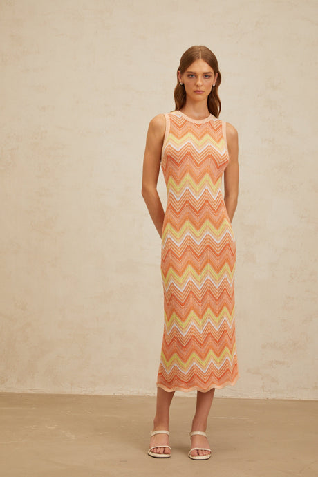 Aurohaya Solène Orange Chevron Knit Midi Dress