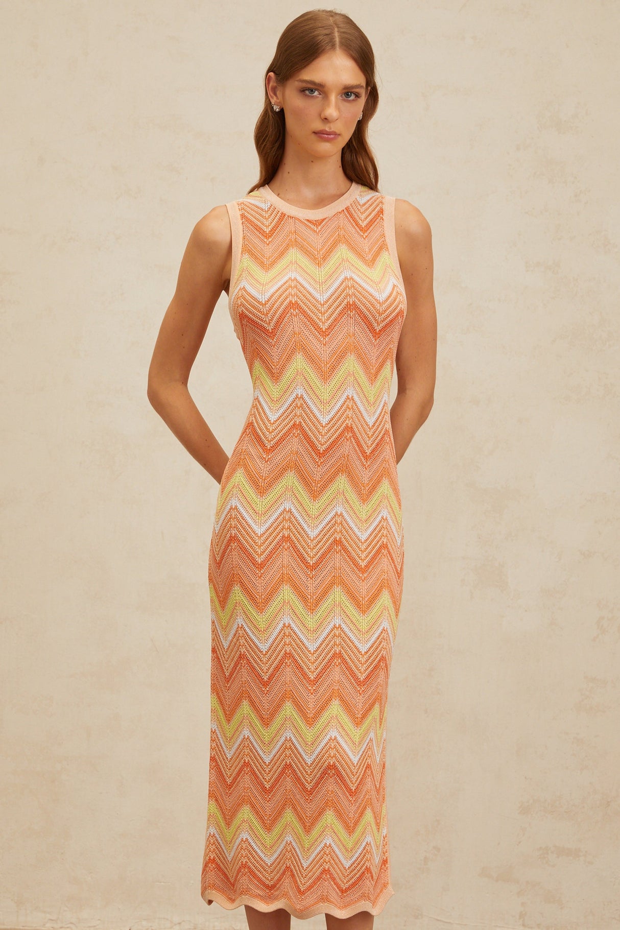 Aurohaya Solène Orange Chevron Knit Midi Dress