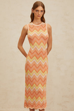 Aurohaya Solène Orange Chevron Knit Midi Dress