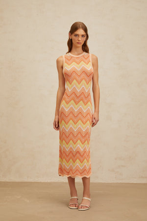 Aurohaya Solène Orange Chevron Knit Midi Dress