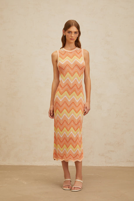 Aurohaya Solène Orange Chevron Knit Midi Dress