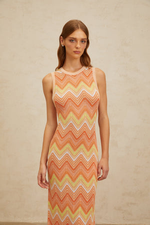 Aurohaya Solène Orange Chevron Knit Midi Dress