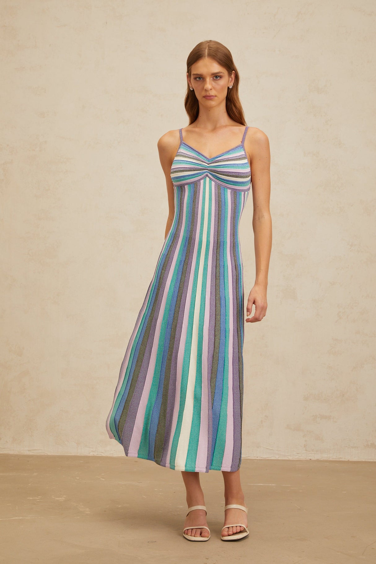 Aurohaya Bruyère Blue Striped Knit Midi Dress