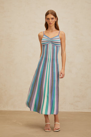 Aurohaya Bruyère Blue Striped Knit Midi Dress