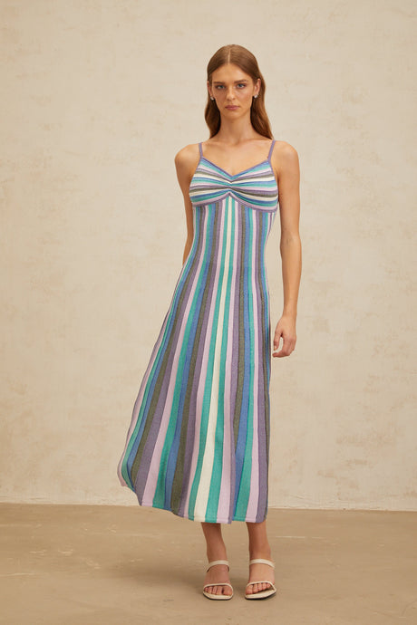 Aurohaya Bruyère Blue Striped Knit Midi Dress