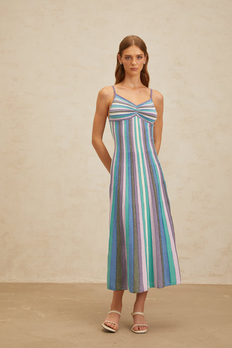 Aurohaya Bruyère Blue Striped Knit Midi Dress