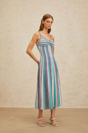 Aurohaya Bruyère Blue Striped Knit Midi Dress