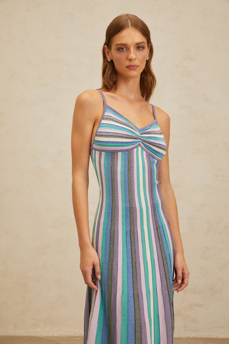 Aurohaya Bruyère Blue Striped Knit Midi Dress