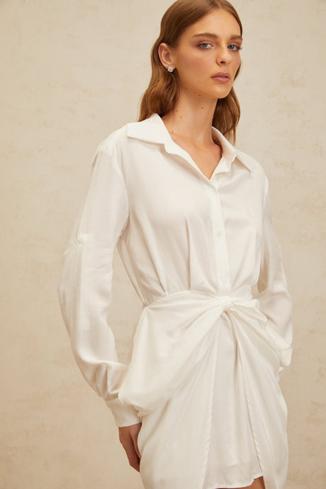 Aurohaya Diane White Chic Bowknot Mini Shirt Dress
