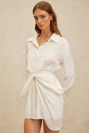 Aurohaya Diane White Chic Bowknot Mini Shirt Dress