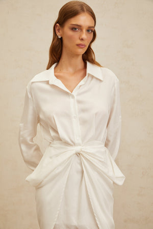 Aurohaya Diane White Chic Bowknot Mini Shirt Dress