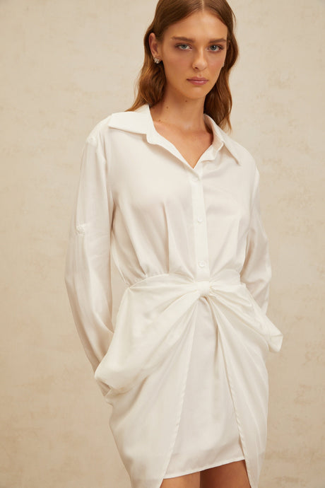 Aurohaya Diane White Chic Bowknot Mini Shirt Dress