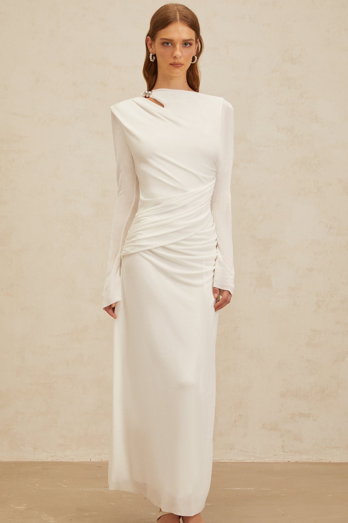 Aurohaya Daneysha White Ruched Maxi Gown