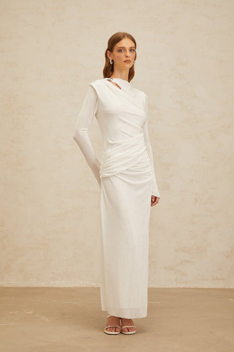 Aurohaya Daneysha White Ruched Maxi Gown