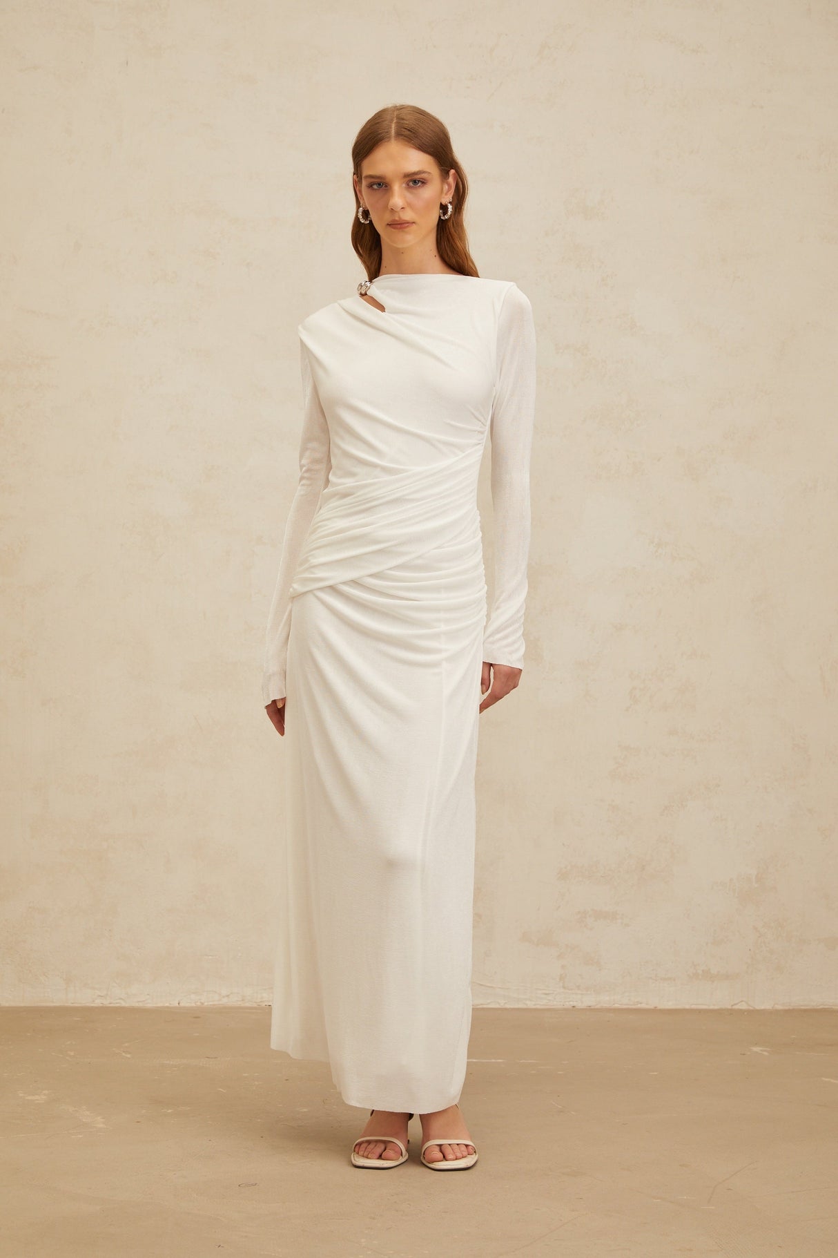 Aurohaya Daneysha White Ruched Maxi Gown