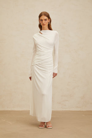 Aurohaya Daneysha White Ruched Maxi Gown