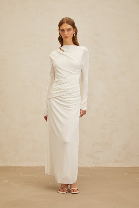 Aurohaya Daneysha White Ruched Maxi Gown