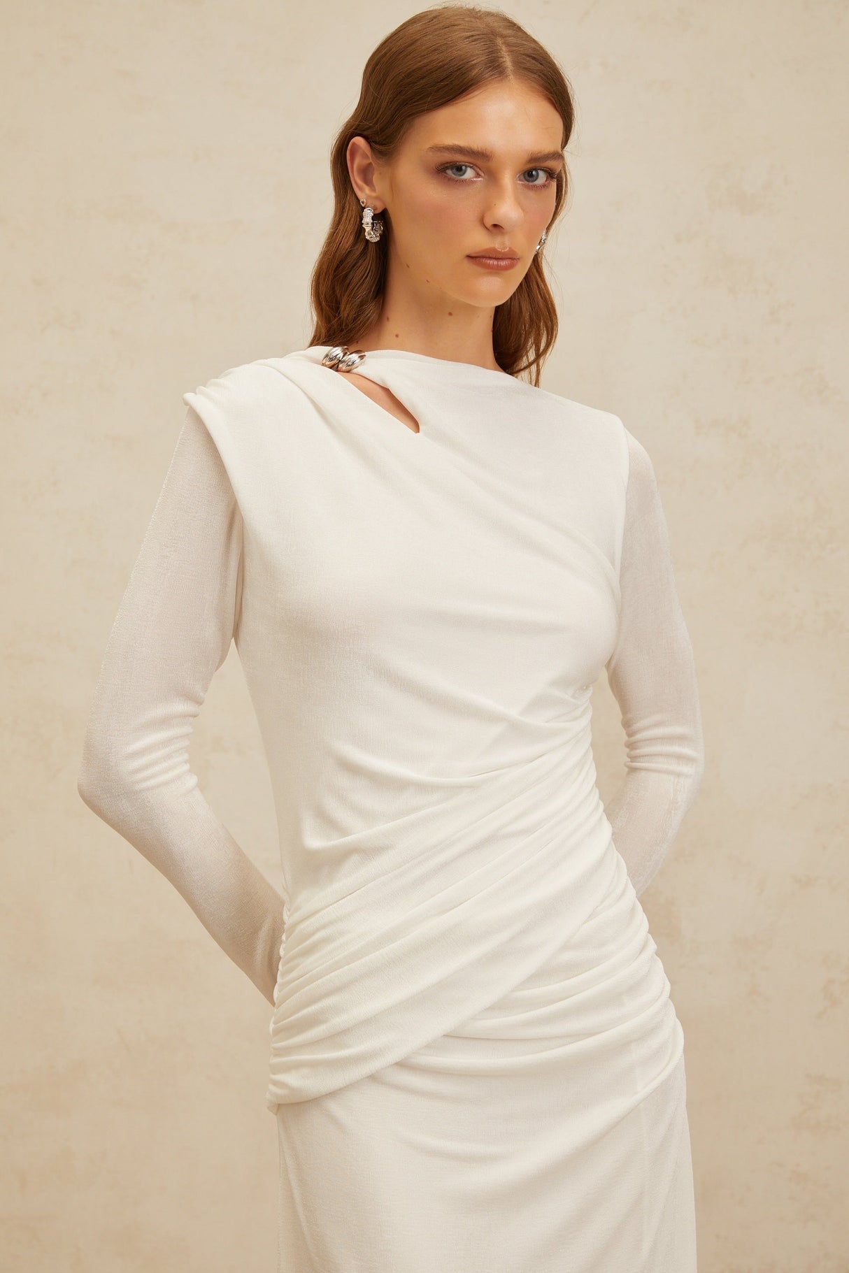 Aurohaya Daneysha White Ruched Maxi Gown