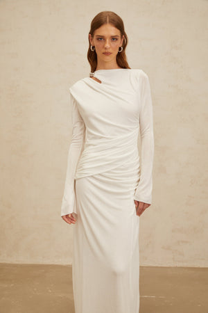 Aurohaya Daneysha White Ruched Maxi Gown